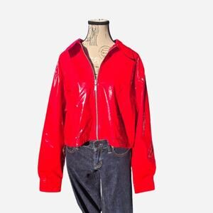 Karen Kane Red Patent Leather Jacket with Zipper Closure and Pockets. Size L